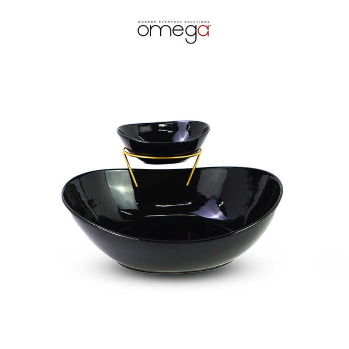 Cleo Service Set 2 Tier Round Black Ceramic with Gold Coated Rack Small Big Plate