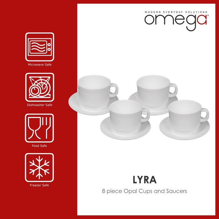 Omega Houseware Lyra Round Opal Cup and Saucer Set 8pcs | Microwave & Dishwasher Safe