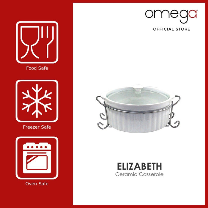 Omega Houseware Elizabeth Round Ceramic Casserole with Lid & Metal Rack Microwave Safe1500ml/2000ml