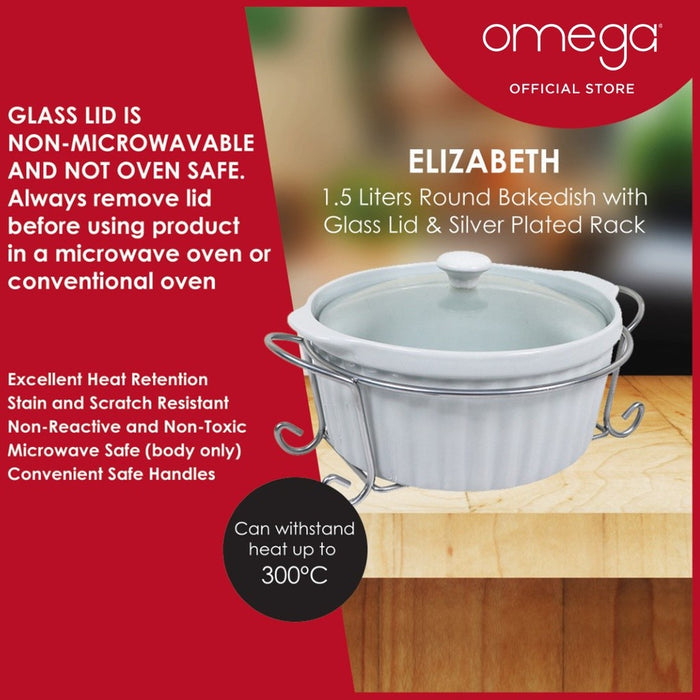 Omega Houseware Elizabeth Round Ceramic Casserole with Lid & Metal Rack Microwave Safe1500ml/2000ml