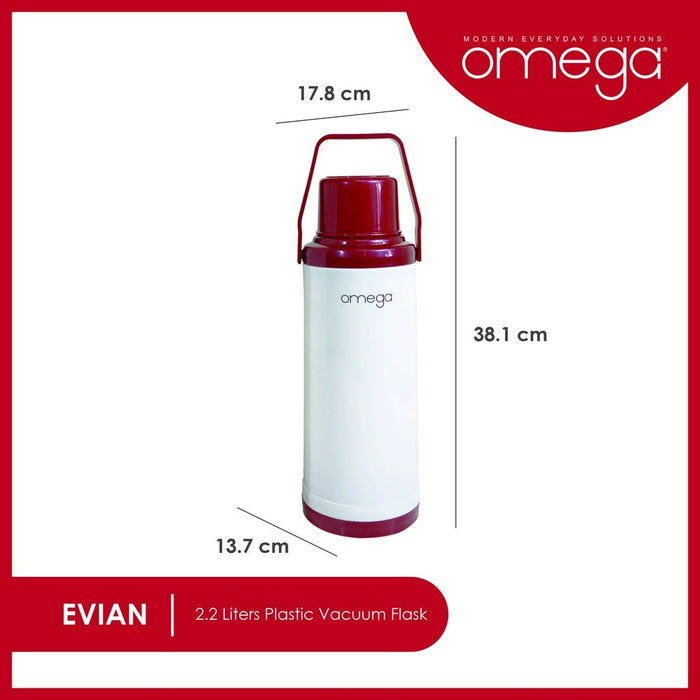 Omega Houseware Evian 2.2L Plastic Thermal Vacuum Flask I 12hr Heat Retention Thermal Thermo