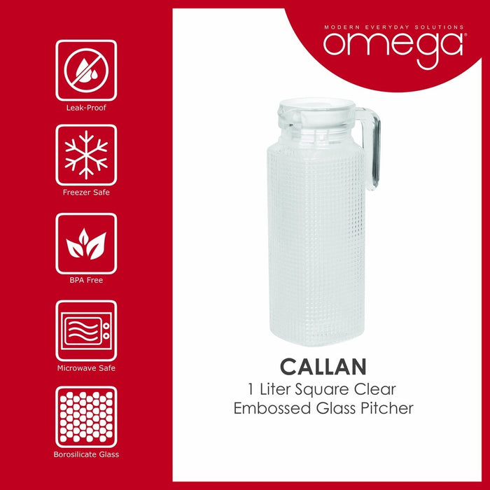 Omega Houseware Callan 1L Square Clear Embossed Glass Pitcher