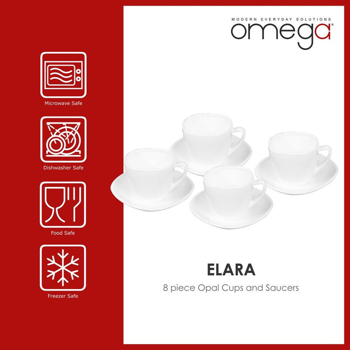 Omega Houseware Elara Square Opal Cup and Saucer Set 8pcs | Microwave & Dishwasher Safe