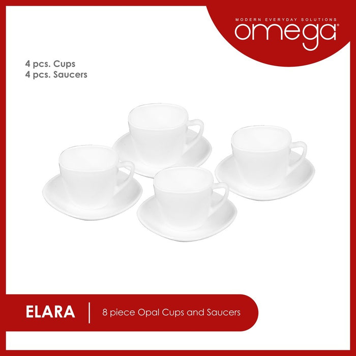 Omega Houseware Elara Square Opal Cup and Saucer Set 8pcs | Microwave & Dishwasher Safe