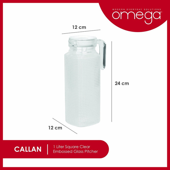 Omega Houseware Callan 1L Square Clear Embossed Glass Pitcher