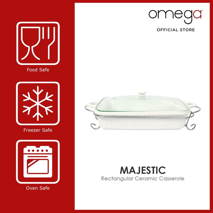 Omega Houseware Majestic Rectangular Ceramic Bakedish with Lid & Rack I Microwave Safe 1.3L/2L