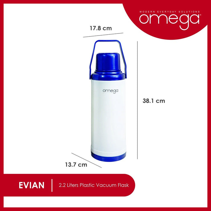 Omega Houseware Evian 2.2L Plastic Thermal Vacuum Flask I 12hr Heat Retention Thermal Thermo