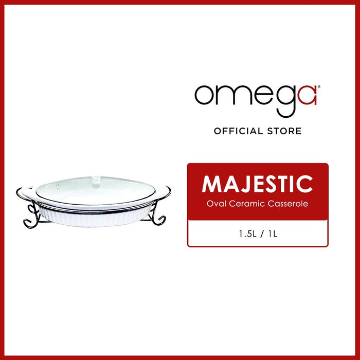 Omega Majestic Oval Ceramic Bakedish with Lid & Metal Rack I Microwave Safe Baking Dish 1L / 1.5L