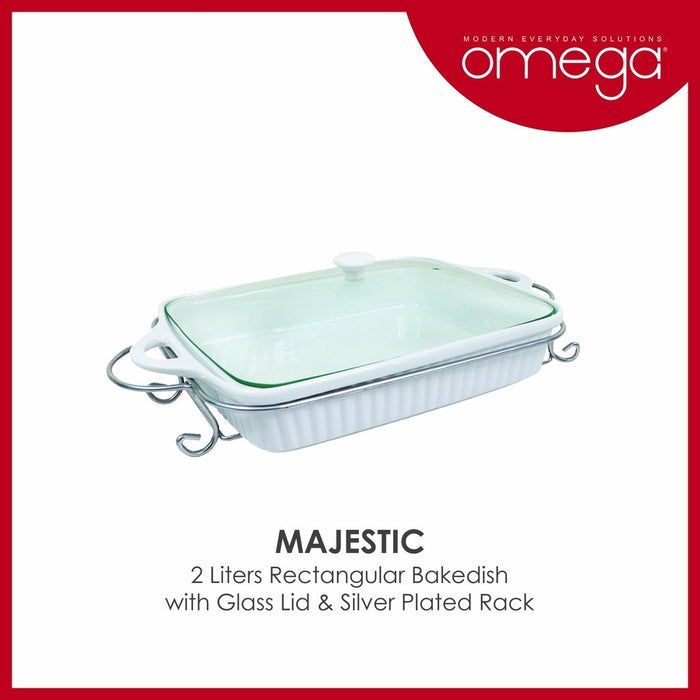 Omega Houseware Majestic Rectangular Ceramic Bakedish with Lid & Rack I Microwave Safe 1.3L/2L