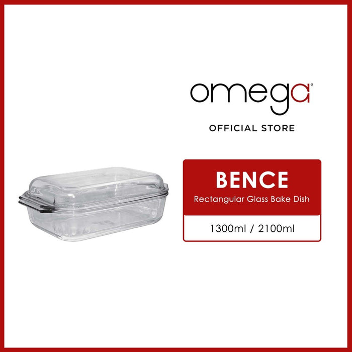 Omega Houseware Bence Rectangular Borosilicate Glass Bakedish with Lid 1300ml/2100 ml Microwave Safe