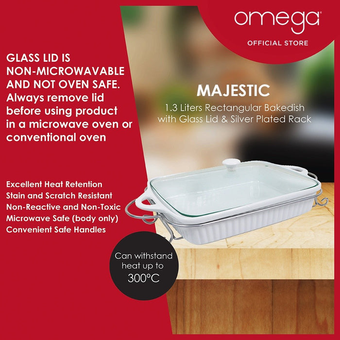Omega Houseware Majestic Rectangular Ceramic Bakedish with Lid & Rack I Microwave Safe 1.3L/2L
