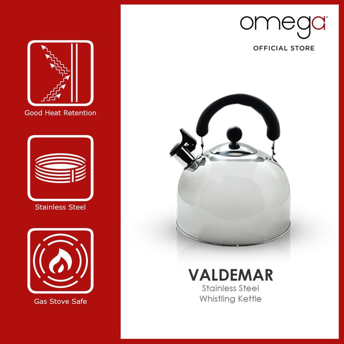Omega Houseware Valdemar Stainless Steel Whistling Kettle Induction Ready 2.5L/3L/4L/5L
