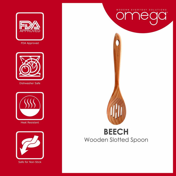 Omega Houseware Beech Wooden Slotted Spoon Non-Stick Cookware Safe