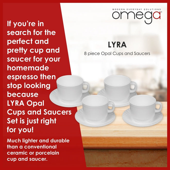 Omega Houseware Lyra Round Opal Cup and Saucer Set 8pcs | Microwave & Dishwasher Safe