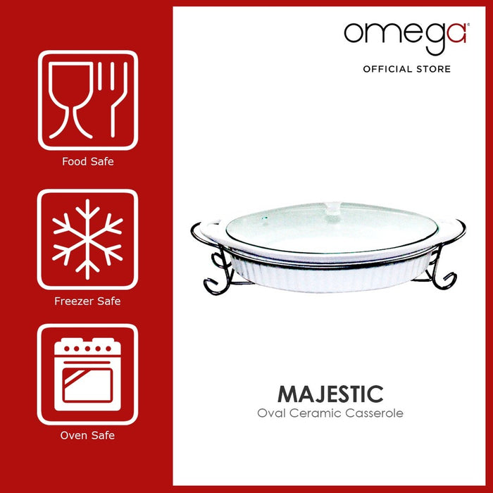 Omega Majestic Oval Ceramic Bakedish with Lid & Metal Rack I Microwave Safe Baking Dish 1L / 1.5L