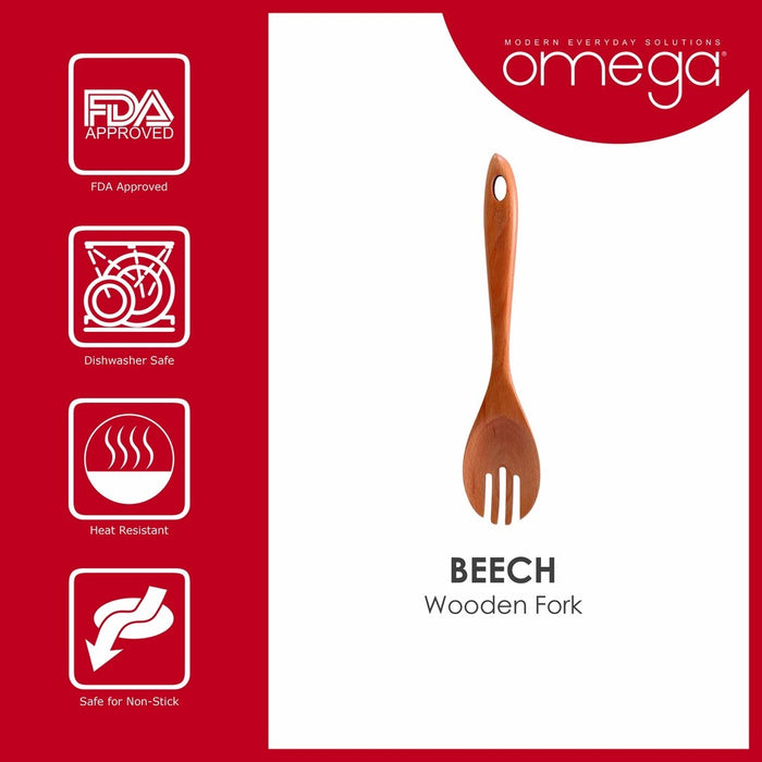 Omega Houseware Beech Wooden Fork Non-Stick Cookware Safe Kitchen Tool