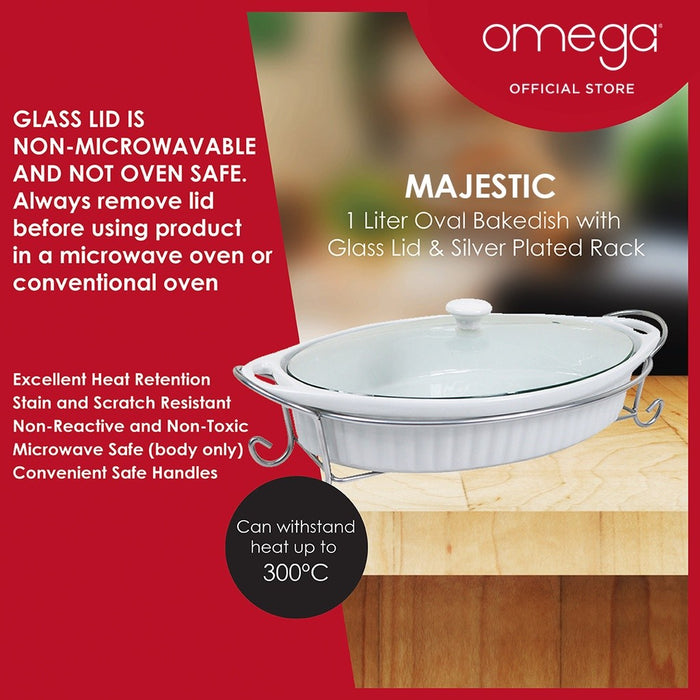 Omega Majestic Oval Ceramic Bakedish with Lid & Metal Rack I Microwave Safe Baking Dish 1L / 1.5L