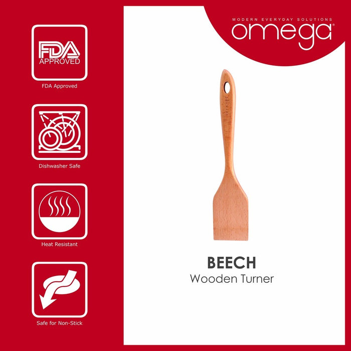 Omega Houseware Beech Wooden Turner Non-Stick Cookware Safe Spatula