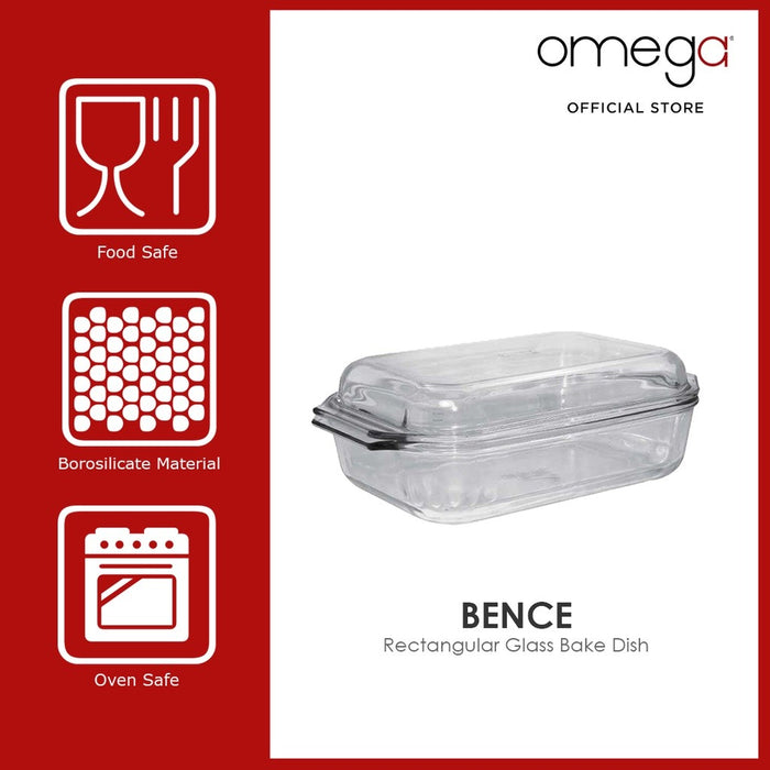 Omega Houseware Bence Rectangular Borosilicate Glass Bakedish with Lid 1300ml/2100 ml Microwave Safe