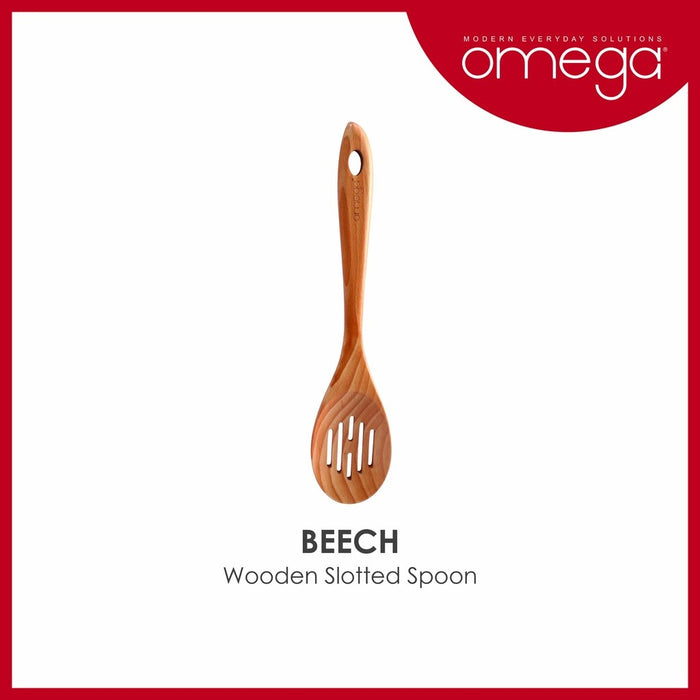 Omega Houseware Beech Wooden Slotted Spoon Non-Stick Cookware Safe