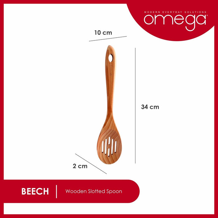 Omega Houseware Beech Wooden Slotted Spoon Non-Stick Cookware Safe