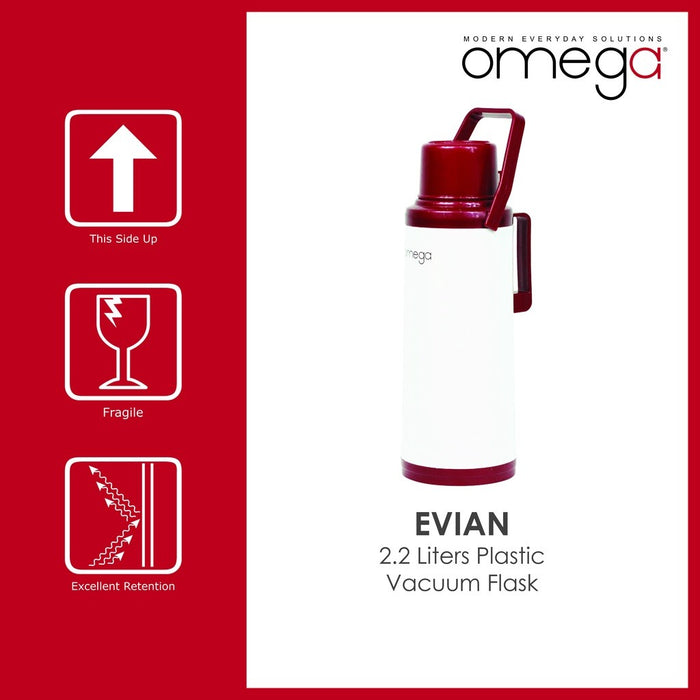 Omega Houseware Evian 2.2L Plastic Thermal Vacuum Flask I 12hr Heat Retention Thermal Thermo