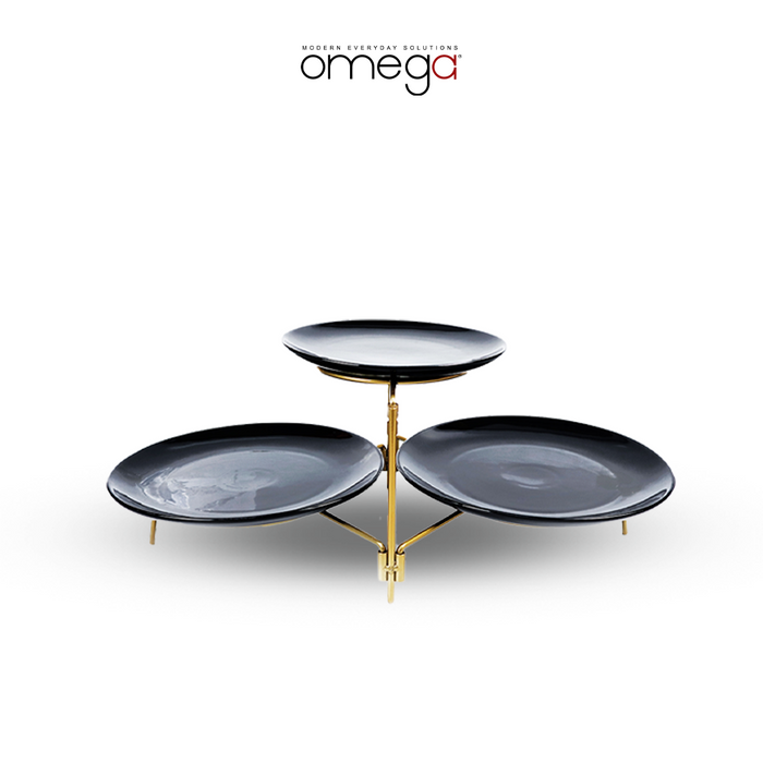 Alena Service Set 3 Tier Round Black Ceramic with Gold Coated Rack Small Big Plate