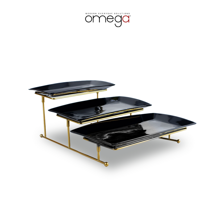 Raven Service Set 3 Tier Rectangular Black Ceramic with Gold Coated Rack Plate