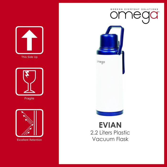 Omega Houseware Evian 2.2L Plastic Thermal Vacuum Flask I 12hr Heat Retention Thermal Thermo