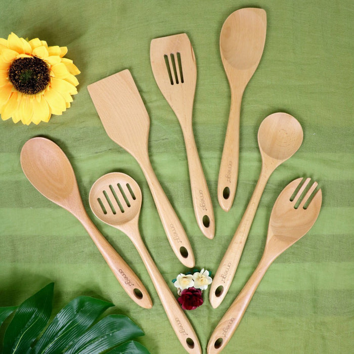 Omega Houseware Large Wooden Slotted Spoon Non-Stick Cookware Safe
