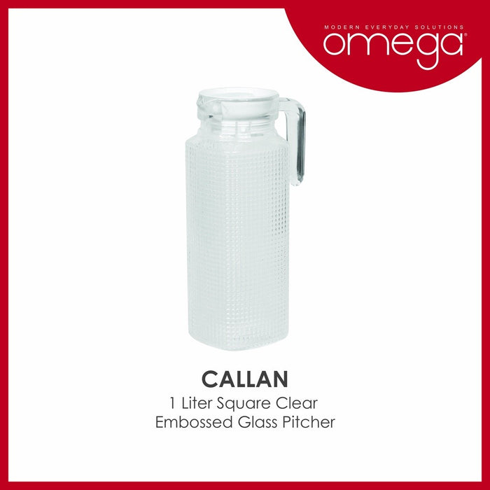 Omega Houseware Callan 1L Square Clear Embossed Glass Pitcher