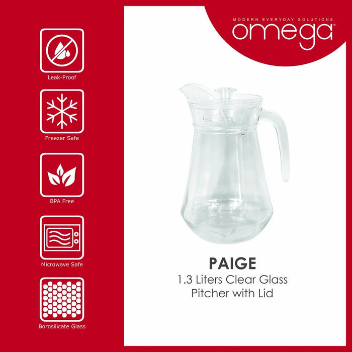 Omega Houseware Paige 1.3 L High Quality Clear Glass Pitcher Dishwasher Safe with Gift Box