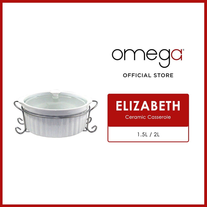 Omega Houseware Elizabeth Round Ceramic Casserole with Lid & Metal Rack Microwave Safe1500ml/2000ml