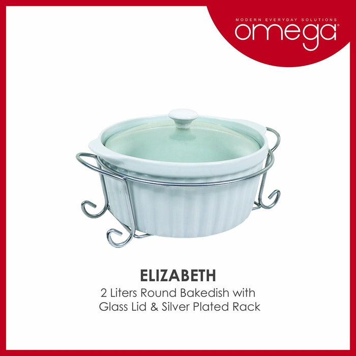 Omega Houseware Elizabeth Round Ceramic Casserole with Lid & Metal Rack Microwave Safe1500ml/2000ml