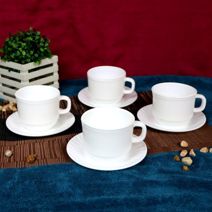 Omega Houseware Lyra Round Opal Cup and Saucer Set 8pcs | Microwave & Dishwasher Safe