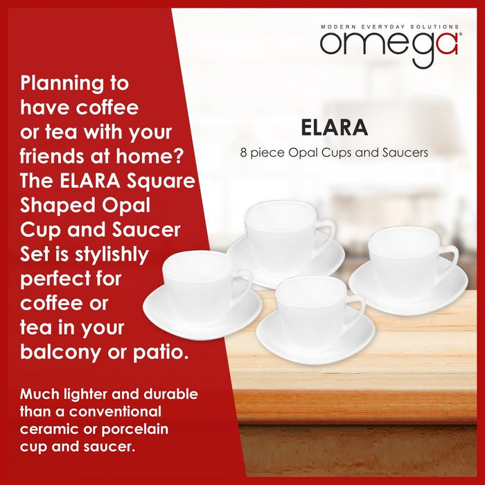 Omega Houseware Elara Square Opal Cup and Saucer Set 8pcs | Microwave & Dishwasher Safe