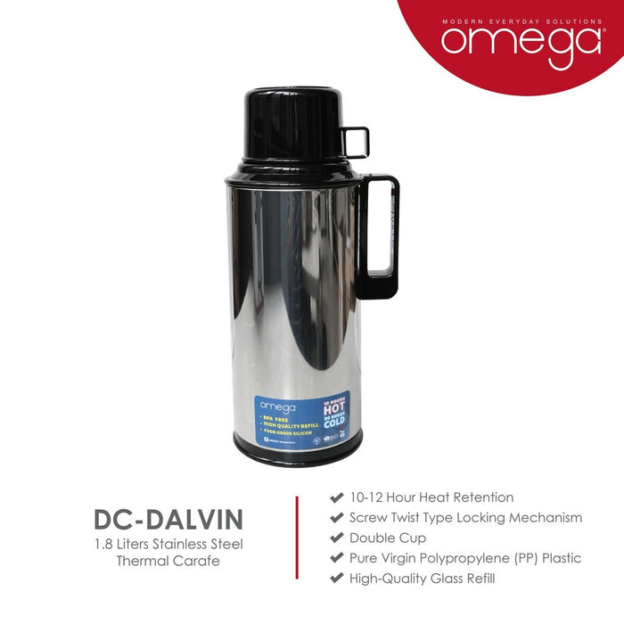 Omega Houseware Dalvin Stainless Steel Thermal Carafe I 12 Hours Hot & 24 Hours Cold 1L / 1.8L