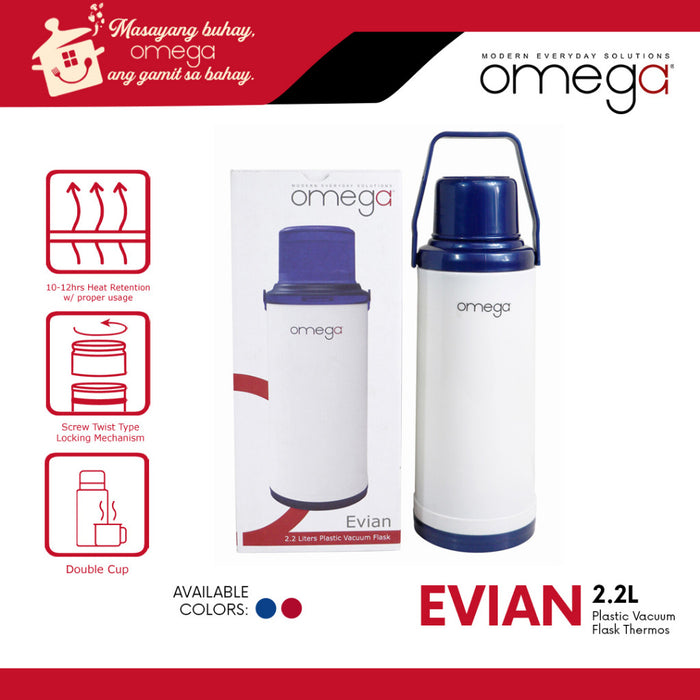 Omega Houseware Evian 2.2L Plastic Thermal Vacuum Flask I 12hr Heat Retention Thermal Thermo