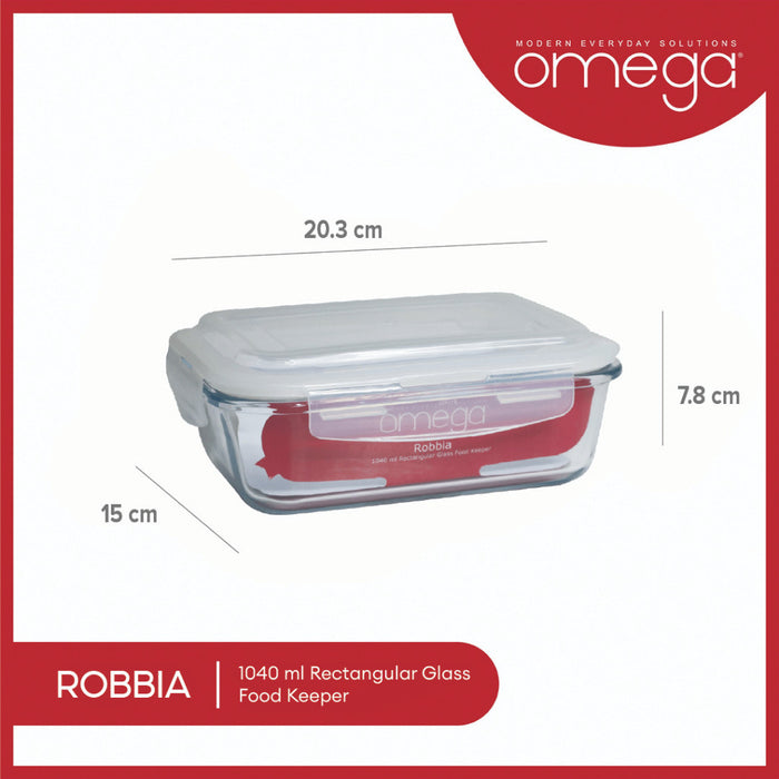 Omega Houseware Robbia Rectangular Glass Food Keeper Airtight Storage, and leakproof lid