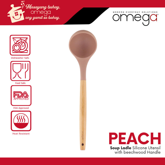 Omega Houseware Peach Silicone Soup Ladle with Beechwood Handle Food Grade Kitchen Utensil