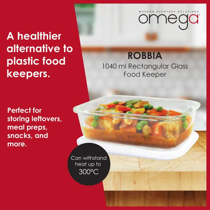 Omega Houseware Robbia Rectangular Glass Food Keeper Airtight Storage, and leakproof lid