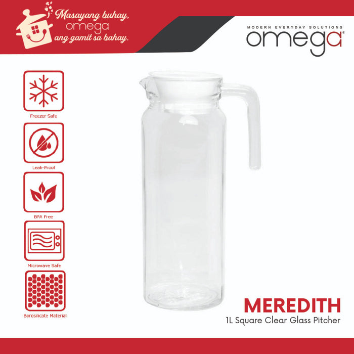 Omega Meredith Square Clear Glass Pitcher 1L