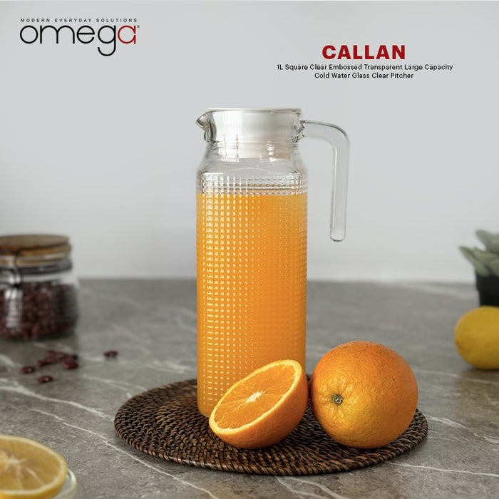 Omega Houseware Callan 1L Square Clear Embossed Glass Pitcher