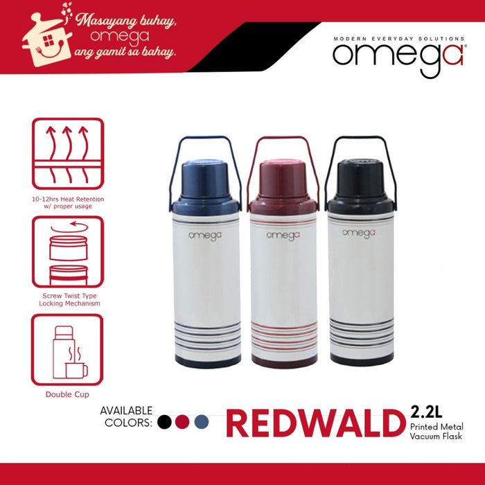 Omega Houseware Redwald 2.2L Metal Vacuum Flask I 12hr Heat Retention Thermal Thermo