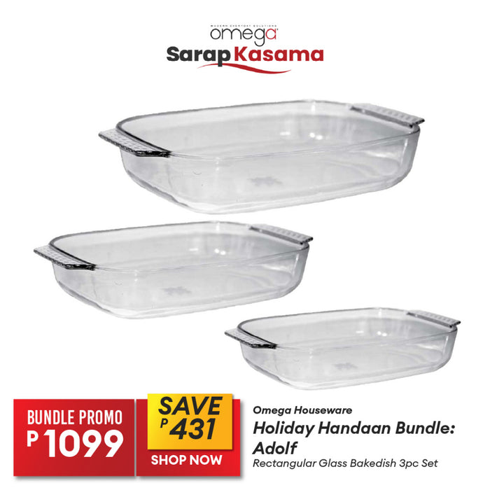 Omega Houseware Holiday Handaan Bundle: Adolf Rectangular Glass Bakedish 3pc Set