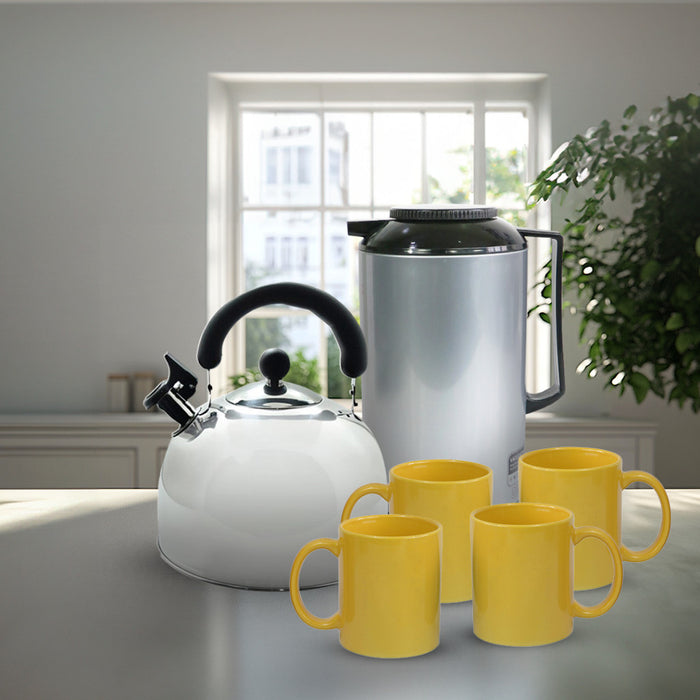 Omega Houseware Kapertner Bundle 1.6 Thermal Carafe with 2L Whistling Kettle and 4pc 12oz Mug Set