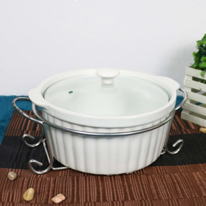 Omega Houseware Elizabeth Round Ceramic Casserole with Lid & Metal Rack Microwave Safe1500ml/2000ml
