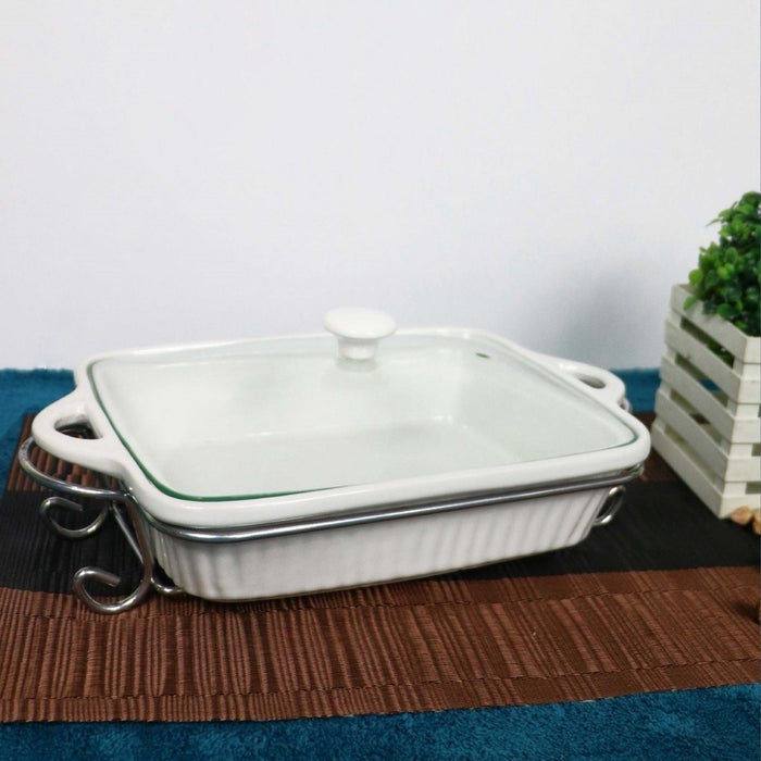 Omega Houseware Majestic Rectangular Ceramic Bakedish with Lid & Rack I Microwave Safe 1.3L/2L
