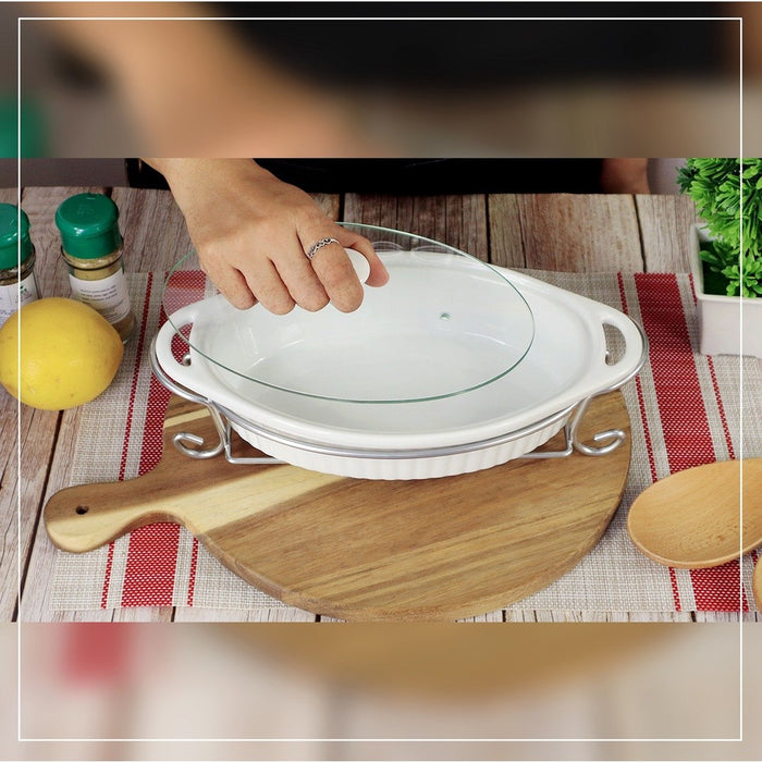 Omega Majestic Oval Ceramic Bakedish with Lid & Metal Rack I Microwave Safe Baking Dish 1L / 1.5L