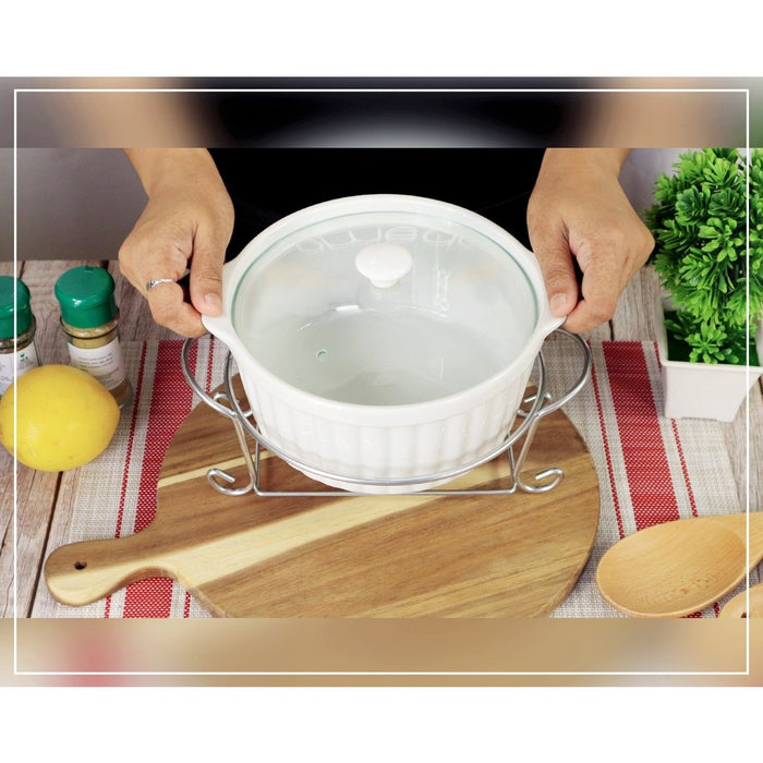 Omega Houseware Elizabeth Round Ceramic Casserole with Lid & Metal Rack Microwave Safe1500ml/2000ml